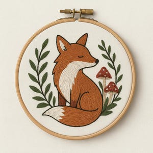 Può includere: Ricamo artistico di una volpe in un cerchio di legno. La volpe è raffigurata in tonalità marroni e bianche, con un'espressione serena. Foglie verdi e funghi con cappello rosso circondano la volpe su sfondo bianco. Il cerchio misura circa 20 cm di diametro.