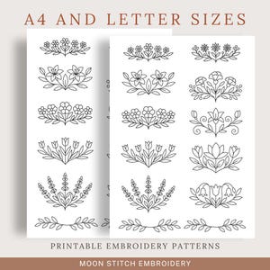 May include: Two sheets of paper showing black and white floral embroidery patterns. The text at the top reads "A4 AND LETTER SIZES". The bottom text says "PRINTABLE EMBROIDERY PATTERNS" and "MOON STITCH EMBROIDERY".