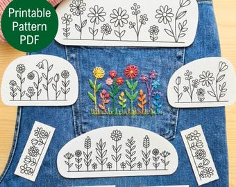 Blommigt Stick and Stitch-broderimönsterset – 9 handritade blommönster, vattenlösligt stabiliseringsmönster, blommigt handbroderi i PDF-format