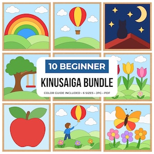 Pode incluir: Uma coleção digital de 10 padrões Kinusaiga para iniciantes com ilustrações coloridas de arco-íris, balões de ar quente, um gato sob uma lua crescente, uma árvore com balanço, tulipas, uma maçã e uma borboleta. Texto 10 BEGINNER KINUSAIGA BUNDLE.