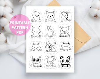 Cute Animal Stick and Stitch Embroidery Pattern PDF – 12 Printable Designs: Panda, Fox, Bunny, Bear, Giraffe, Cat, Owl – Beginner Embroidery