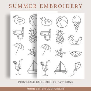 May include: Black and white line art illustrations of summer-themed objects, including a beach ball, pineapple, snorkel, umbrella, starfish, sailboat, and cocktail. The text "SUMMER EMBROIDERY" and "PRINTABLE EMBROIDERY PATTERNS" are at the top and bottom.