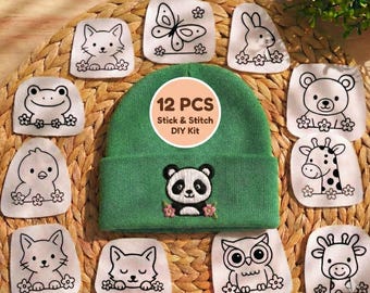 Stick and Stitch Embroidery Kit, 12 Cute Animal Patterns, Beginner Hand Embroidery Designs for Clothing, DIY Craft Gift