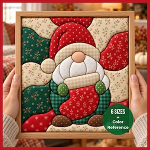 May include: A square fabric wall art piece featuring a quilted gnome design in red, green, and cream. The gnome wears a red hat with white dots and holds a red stocking. The background has floral and plaid patterns. Text reads 6 SIZES + Color Reference.