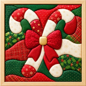 Puede incluir: Un cuadro decorativo cuadrado con un dise&ntilde;o acolchado de dos bastones de caramelo cruzados. Los bastones est&aacute;n decorados con patrones rojos y blancos, incluyendo copos de nieve y estrellas. Un gran lazo de tela roja con un centro dorado se sit&uacute;a en la intersecci&oacute;n, sobre un fondo de tela verde con motivos de acebo, cuadros y lunares.