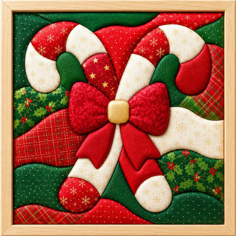 Puede incluir: Un cuadro decorativo cuadrado con un dise&ntilde;o acolchado de dos bastones de caramelo cruzados. Los bastones est&aacute;n decorados con patrones rojos y blancos, incluyendo copos de nieve y estrellas. Un gran lazo de tela roja con un centro dorado se sit&uacute;a en la intersecci&oacute;n, sobre un fondo de tela verde con motivos de acebo, cuadros y lunares.