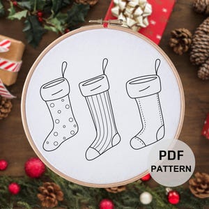 Christmas Socks Embroidery Pattern, Printable Christmas Embroidery Pattern, Santa&#39;s Stocking Embroidery, Stick And Stitch Embroidery Pattern