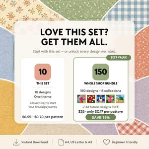 Puede incluir: Un gr&aacute;fico digital que presenta un conjunto de 10 dise&ntilde;os y un paquete completo de 150 dise&ntilde;os. El texto dice LOVE THIS SET? GET THEM ALL. 10 THIS SET, 150 WHOLE SHOP BUNDLE, 150 designs 15 collections, Instant Download, A4, US Letter & A3, Beginner Friendly.