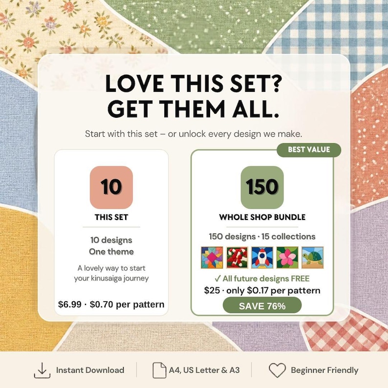 Puede incluir: Un gr&aacute;fico digital que presenta un conjunto de 10 dise&ntilde;os y un paquete completo de 150 dise&ntilde;os. El texto dice LOVE THIS SET? GET THEM ALL. 10 THIS SET, 150 WHOLE SHOP BUNDLE, 150 designs 15 collections, Instant Download, A4, US Letter & A3, Beginner Friendly.