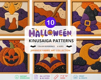 May include: A collection of 10 Halloween Kinusaiga patterns featuring fabric art designs of a candle, broom, witch hat, pumpkin, spider web, and crescent moon. The text reads 10 HALLOWEEN KINUSAIGA PATTERNS, COLOR REFERENCE, 6 SIZES, JAPANESE FABRIC ART COLLECTION.
