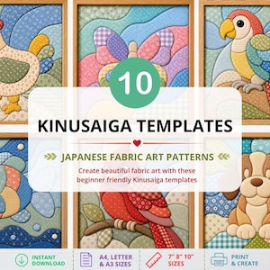 Kinusaiga Animal Template Bundle, Beginner Kinusaiga Designs, Japanese Silk Patchwork Template, Digital Fabric Mosaic Craft Download