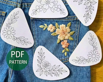 Flower Corner Stick and Stitch Embroidery Pattern – Printable Botanical Flower Design Pack For Hand Embroidery, Modern Line Art PDF Template