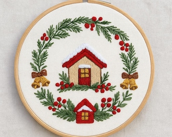 クリスマスハウスの刺繍パターン、ホリデーリース（PDF）