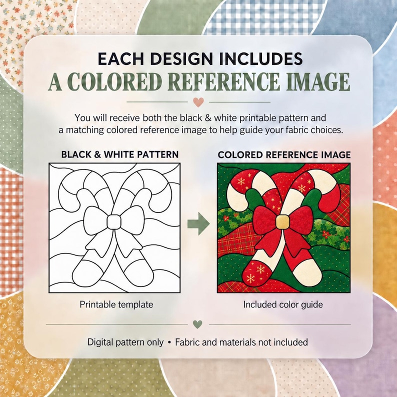 Puede incluir: Una gu&iacute;a de patr&oacute;n digital con el texto EACH DESIGN INCLUDES A COLORED REFERENCE IMAGE. Muestra una plantilla de l&iacute;nea de bast&oacute;n de caramelo en blanco y negro junto a una versi&oacute;n a color con patrones festivos rojos, verdes y blancos.