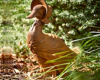 Cast Iron Duck Sculpture: Victorian Garden Decor with Bonnet