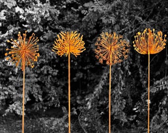 Lot de 4 piquets de jardin en métal rouillé, soudés à la main en 3D