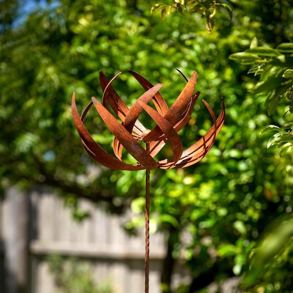 Handmade 87" Rusty Iron Lotus Wind Spinner - Weathered Garden Art