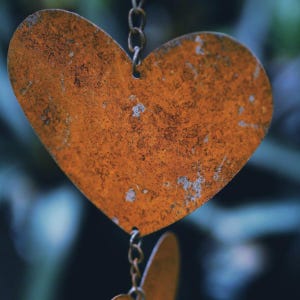 May include: Close-up of a heart-shaped metal ornament with a rusty orange finish. The heart is suspended by a chain, with a blurred background of green and blue foliage. The ornament has a textured surface.