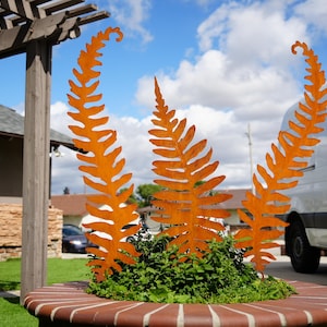 Giant Rusty Metal Fern Garden Stake Set: Rustic Corten Steel Botanical Sculpture