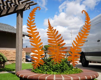 Giant Rusty Metal Fern Garden Stake Set: Rustic Corten Steel Botanical Sculpture