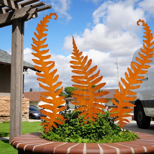 Giant Rusty Metal Fern Garden Stake Set: Rustic Corten Steel Botanical Sculpture