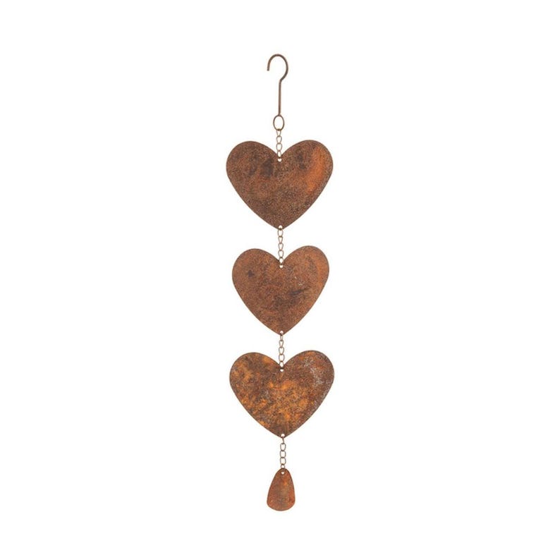 May include: A rustic metal heart wind chime with a hook for hanging. The wind chime features three heart-shaped pendants of varying sizes, connected by chains. The hearts have a weathered, rusty brown finish, and a small teardrop-shaped pendant hangs at the bottom.