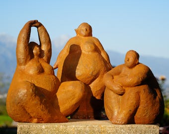 Metal Curvy Woman Cast Iron Sculpture – Body Positivity Stretching Pose, Handcrafted Garden or Home Art