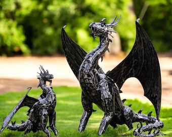 Handcrafted Iron Dragon Sculpture – Rustic Fantasy Garden Art