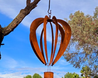 Big Rusty Metal Hot Air Balloon Wind Spinner: Hanging Garden Sculpture