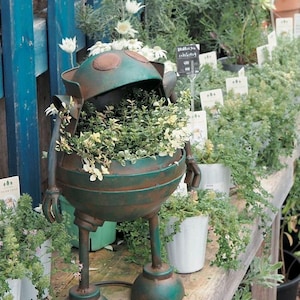 May include: A round, green, weathered metal planter shaped like a robot with two legs, two arms, and a hinged lid. The planter contains a small green plant with variegated leaves. A small black sign with white Japanese text is visible nearby.