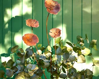 Lot de 3 piquets de jardin en métal rustique en forme de coquelicot – oeuvres d'art dans le jardin, décoration de pelouse en acier patiné