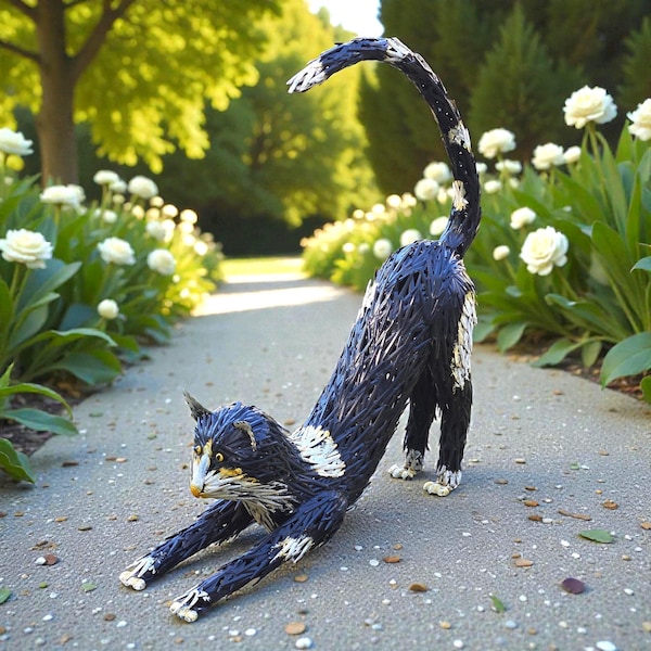 Metal Black Cat Garden Sculpture – Rustic Outdoor Yard Art Figurine