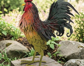 21“ Handcrafted Metal Rooster Garden Statue – Farmhouse Yard Art Chicken Sculpture, Rustic Outdoor Decor