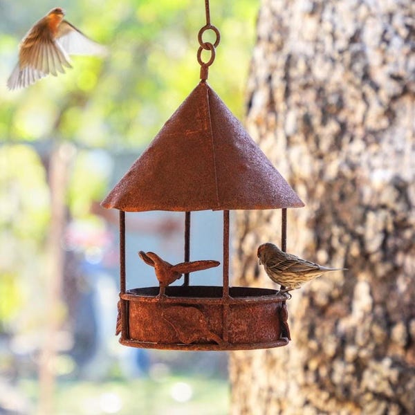 Comedero rústico colgante de metal para pájaros: decoración funcional para jardín y patio.