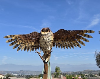 Handcrafted Metal Owl Garden Sculpture: Rustic Patina Finish, 36-Inch Wingspan