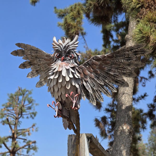 Rustic Metal Owl Wall Sculpture - Handmade Vintage Garden Decor