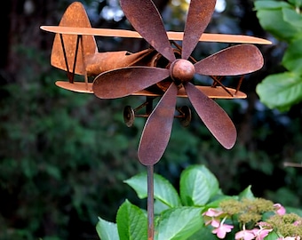 Rusty Metal Biplane Wind Spinner – Vintage Airplane Garden Art Sculpture