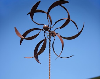70“H Rustic Metal Wind Spinner: Kinetic Garden Art, Patio Decor