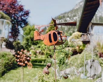 Handmade Rusty Iron Helicopter Wind Spinner: Aviation Garden Art