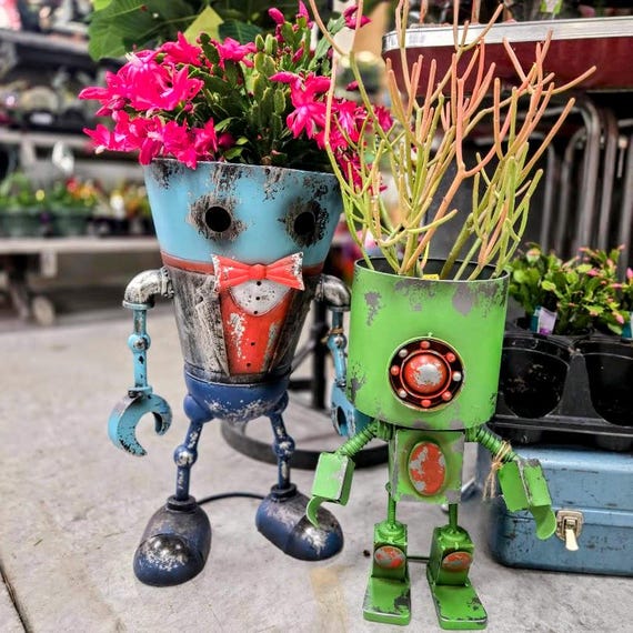 Vintage Metal Robot Planter  Rustic Garden Robot Flower Pot Decor