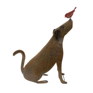 Sculpture de chien en métal avec oiseau - Art de jardin rustique, décoration de patio de ferme image 1