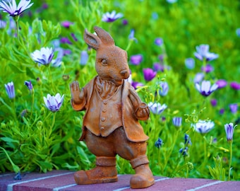 Metal Cast Iron Rabbit Statue - Rustic Bunny Garden Decor - Heavy Metal Porch Ornament |