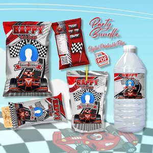 May include: Party bundle featuring race car-themed designs. Includes a water bottle, chip bag, candy bag, juice pouch, and rice crispy treat wrapper. Each item has a red, white, and black color scheme with a race car and checkered flag graphic. Text includes "Happy 1st Bday".