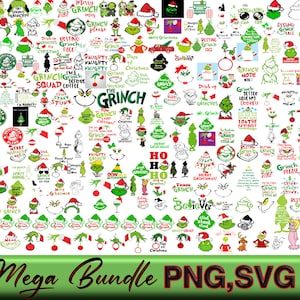 Könnte beinhalten: Eine große Sammlung von digitalem Clipart-Bildern zum Thema Grinch in Grün, Rot und Weiß. Die Bilder zeigen verschiedene Zitate und Sätze zum Grinch, wie "Grinch Mode", "Grinch Squad" und "Grinch Please".
