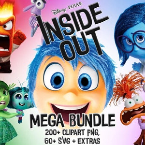 Puede incluir: Una ilustración colorida de los personajes de la película Inside Out de Disney Pixar. Los personajes incluyen Alegría, Tristeza, Ira, Miedo y Asco. La imagen incluye el texto "Inside Out" y "Mega Bundle 200+ Clipart PNG, 60+ SVG + Extras".
