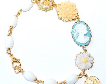 FREE SHIPPING Bracelet Blue Cameo Flowers French  Blossom Vintage Beads White Shabby chic Girly Bridal Retro