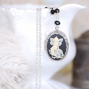 Necklace Fairy Cameo Locket Gothic Onyx Beaded Chain Silver Plated Special Day Gift Fantasy