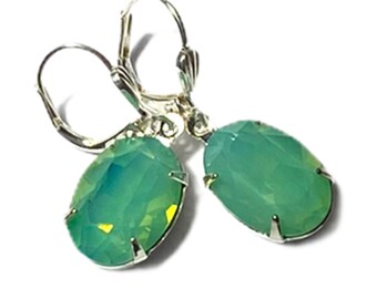 Pacific Opal  - Vintage Swarovski-   earrings - Green Opal - Estate Style - Small Dainty - Dangle - Everyday Earrings - Leverback