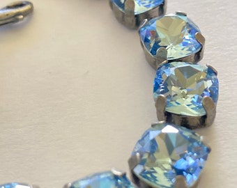 Light Pale Sapphire Blue- Swarovski Crystal Bracelet - Antiqued Silver -  Square Stones- Adjuster Chain -Pale Baby Blue -FREE SHIPPING