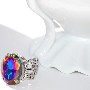 Estate Ring Heliotrope Rhinestone silver filigree Bridal Old Hollywood Glass Jewel Retro VIntage